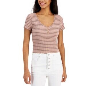 Hippie Rose Juniors Ribbed Henley Top Short sleeve Button Brown V Neck Sz XS New